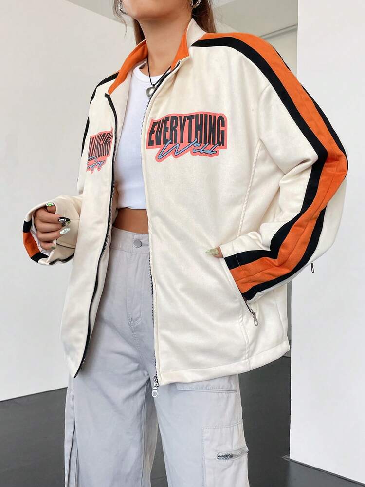 Letter Graphic Contrast Side Seam Drop Shoulder Zip Up Jacket