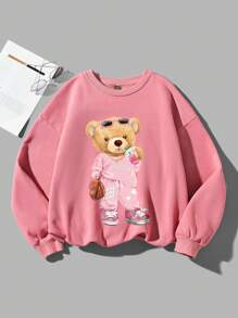 SHEIN Qutie In Gấu Thả vai Áo nỉ - Hồng - Xem 1