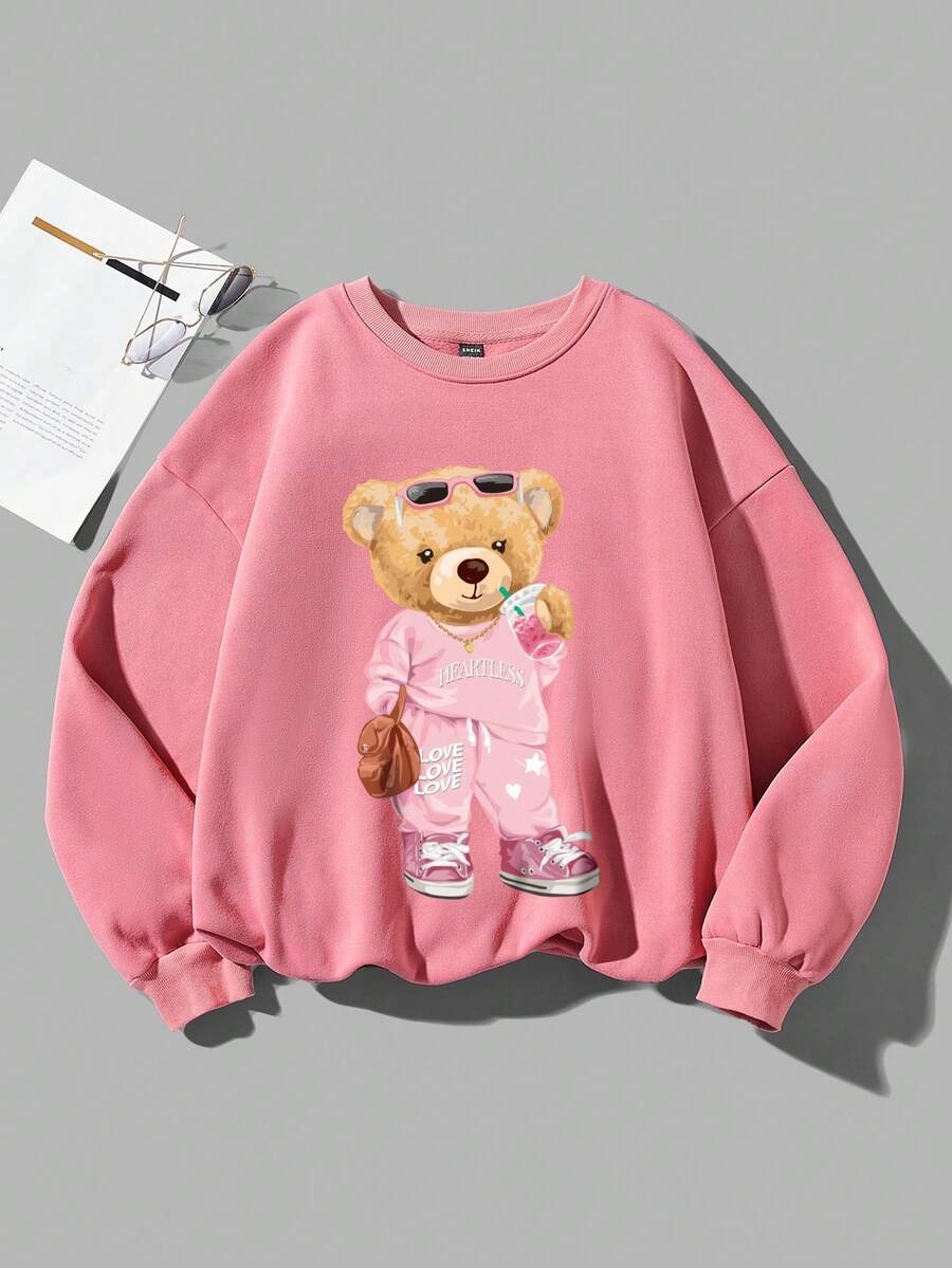 SHEIN Qutie In Gấu Thả vai Áo nỉ - Hồng - Xem 1