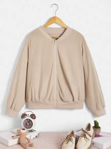 SHEIN EZwear Plus Zip Up Bomber Jacket - Khaki - View 2