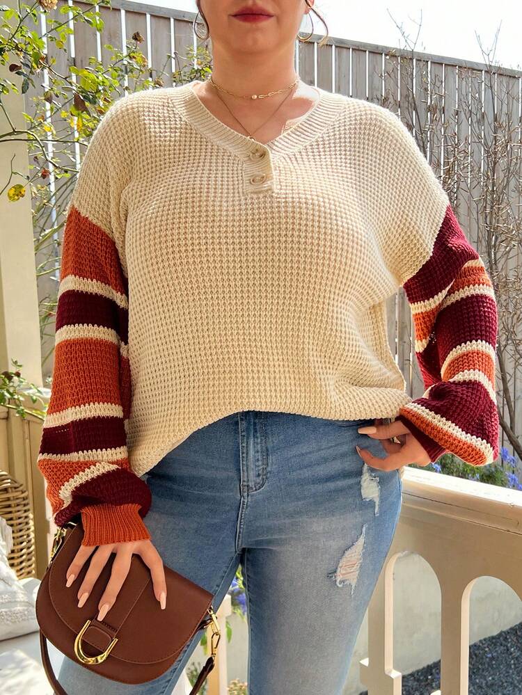 Plus Striped Pattern Drop Shoulder Sweater Knit Pullover Fall Winter Sweater