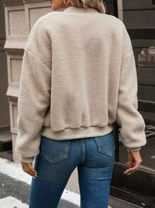 SHEIN Frenchy Drop Shoulder Teddy Bomber Jacket - Khaki - View 2