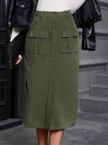 SHEIN LUNE 翻蓋口袋前紐扣半身裙 - 軍綠色 - 查看 1