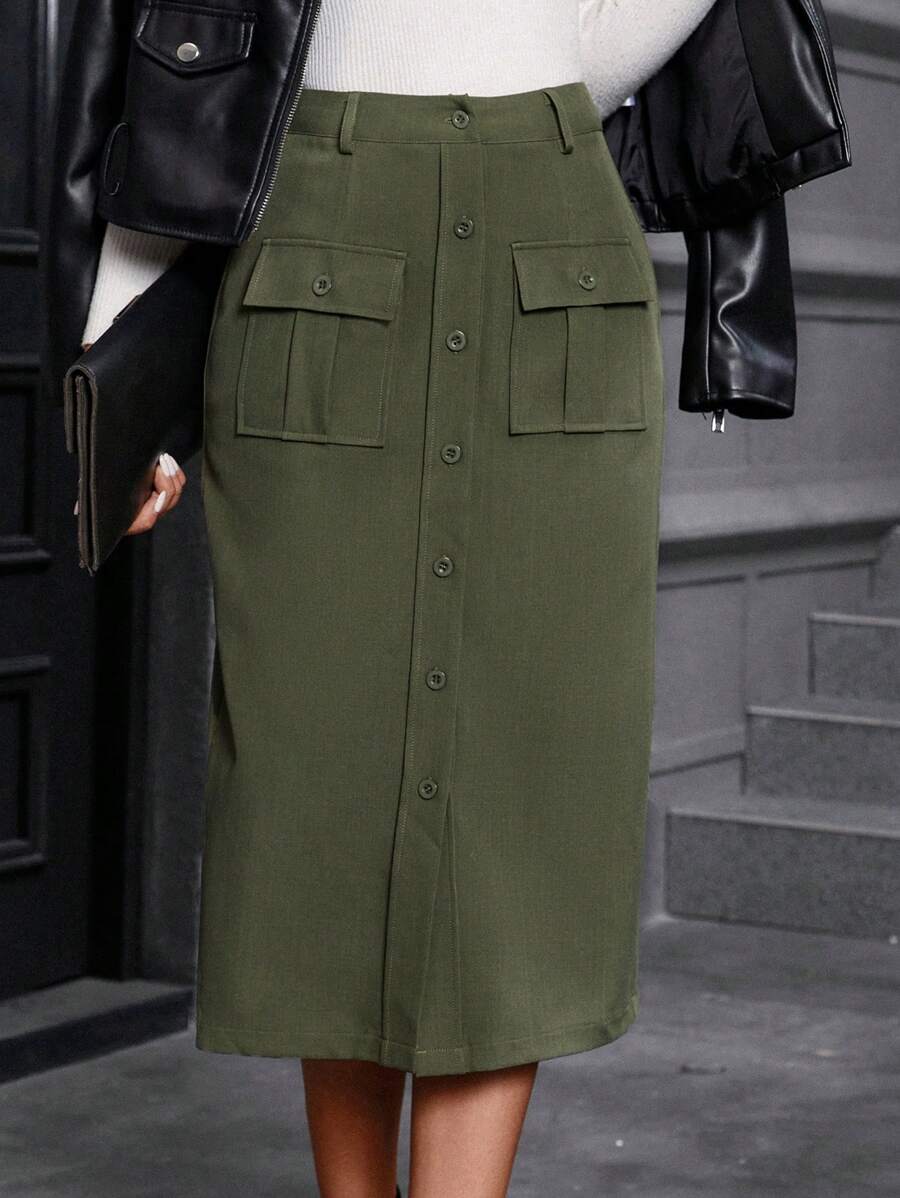 SHEIN LUNE 翻蓋口袋前紐扣半身裙 - 軍綠色 - 查看 1