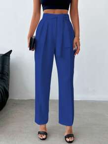 SHEIN Cottnline High Waist Fold Pleated Pants - Royal Blue - View 5