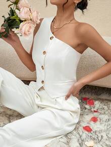 SHEIN Privé Một bờ vai Nút phía trước Viền không đối xứng Áo sơ mi - trắng - Xem 4