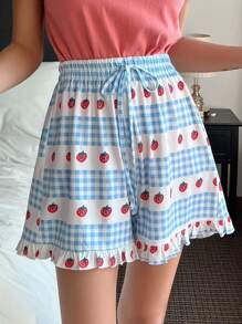 DAZY Shorts de dormir de guingán & con estampado de fresa con cordón delantero bajo con fruncido - Azul - Ver 1