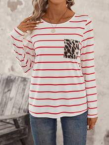 SHEIN LUNE Camiseta con estampado de rayas y leopardo con parche con bolsillo - Rojo y blanco - Ver 3