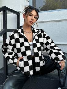 SHEIN Coolane 棋盤格印花落肩袖毛絨夾克 - 黑與白 - 查看 6