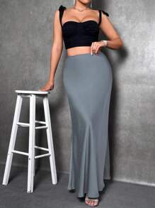 Glamine 女士优雅缎面半身裙，百搭鱼尾裙摆半身裙，日常穿着 - 灰色 - 查看 4