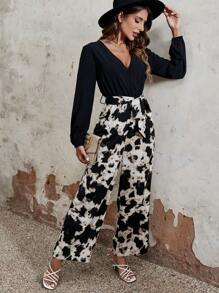SHEIN Unity Mono de pierna ancha con estampado de dibujo con cinturón - Negro - Ver 1