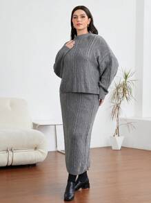 Mulvari Plus Cable Knit Drop Shoulder Sweater & Knit Skirt - Grey - View 3