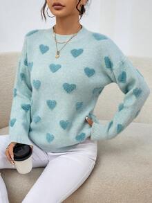 SHEIN Essnce Hình trái tim Thả vai Áo len - Màu xanh lam - Xem 3