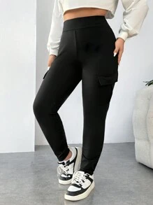 SHEIN EZwear Plus Flap Pocket Side Leggings - Black - View 4