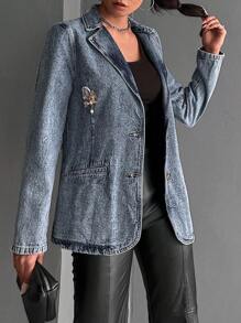 RueChic Lapel Neck Patched Detail Single Breasted Denim Coat - Blue - View 5