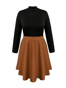 SHEIN LUNE Plus Mock Neck Tee & Flare Skirt - Multicolor - View 1