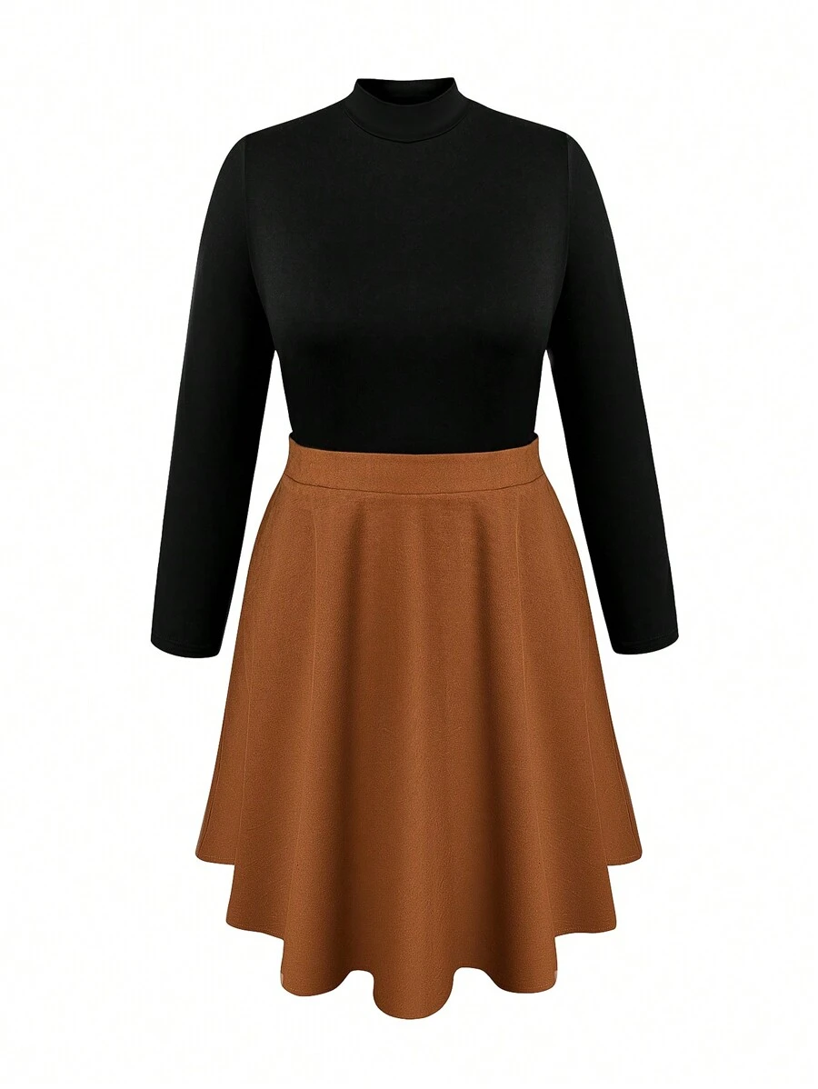 SHEIN LUNE Plus Mock Neck Tee & Flare Skirt - Multicolor - View 1