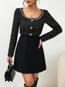 Aveloria Pearls Beaded Button Front Crop Tweed Overcoat - Multicolor - View 1