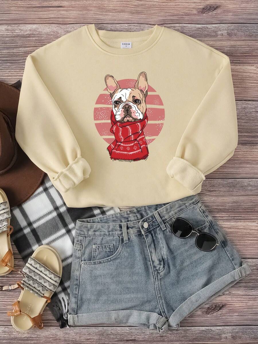 SHEIN EZwear Phim hoạt hình con chó in Lót nhiệt Áo nỉ - Màu be - Xem 1