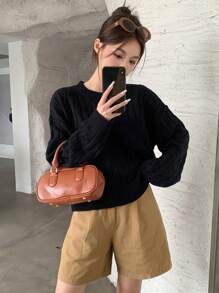 Dazy Star Solid Drop Shoulder Cable Knit Sweater - Black - View 7