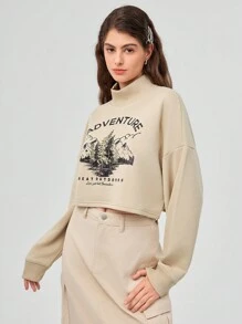 Forever 21 女士自然風景和口號印花半高領垂肩短開衫式運動衫 - 卡其色 - 查看 6