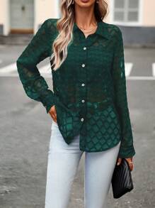 SHEIN Privé Chất rắn Nút phía trước Lưới Áo sơ mi - Màu xanh lá cây đậm - Xem 6