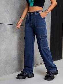 SHEIN PETITE Flap Pocket Cargo Jeans - Dark Wash - View 6