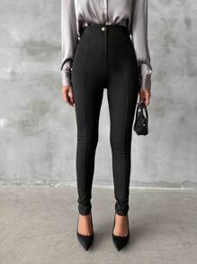 EURMUSE High Waist Solid Color Button Decor Skinny Sexy Long Pants - Black - View 1