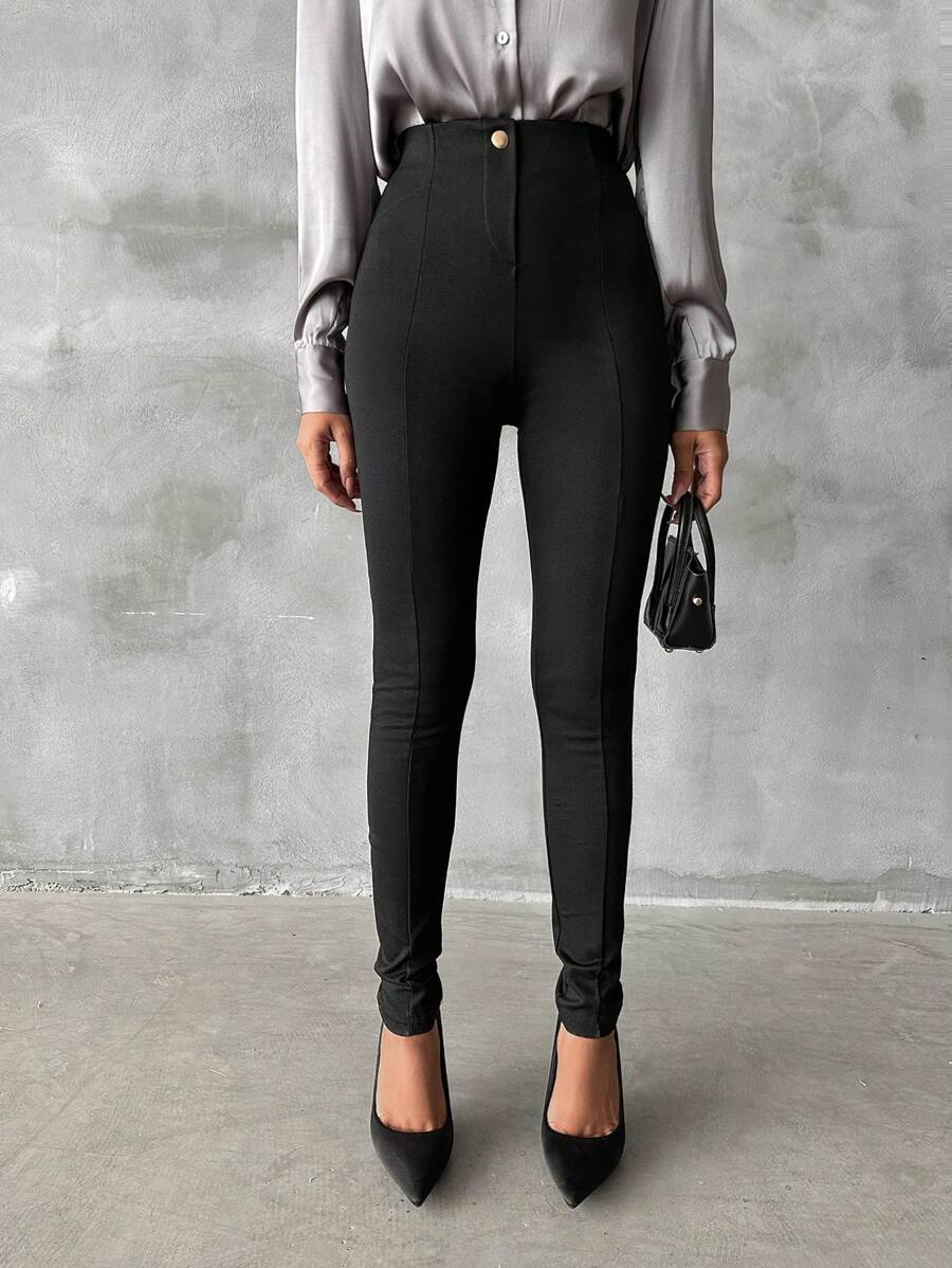 EURMUSE High Waist Solid Color Button Decor Skinny Sexy Long Pants - Black - View 1