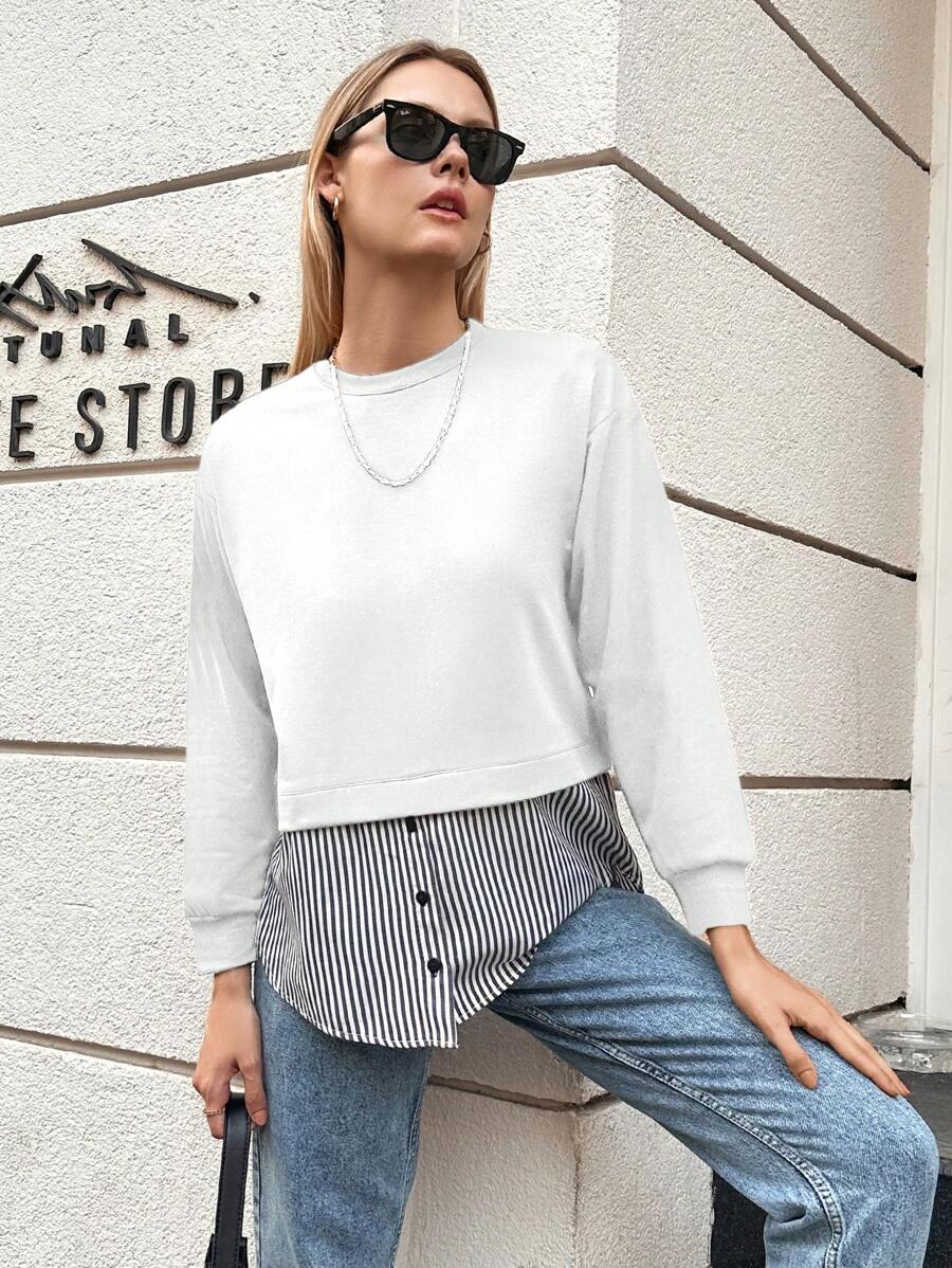 EURMUSE Striped Print 2 In 1 Sweatshirt - White - View 1