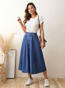 SHEIN LUNE Cao eo Pháo sáng Váy Denim - Rửa tối - Xem 6