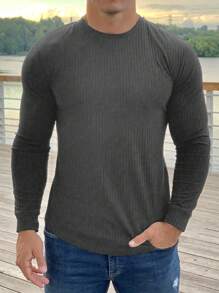 Nam Chất rắn Đồ đan Ribbed Áo thun - Xám - Xem 3