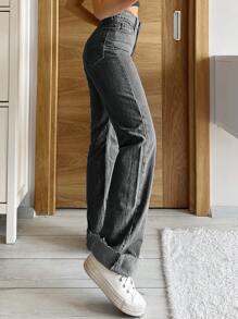 EURMUSE High Waisted Raw Hem Jeans - Grey - View 5