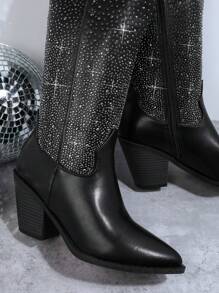 SHUZIA Rhinestone Decor Point Toe Chunky Heeled Boots - Black - View 4