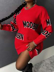 Slaydiva Plus Letter Pattern Drop Shoulder Sweater Dress - Red - View 7