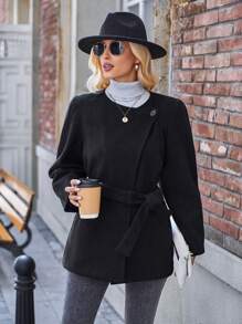 SHEIN LUNE Waterfall Collar Belted Overcoat - Black - View 7