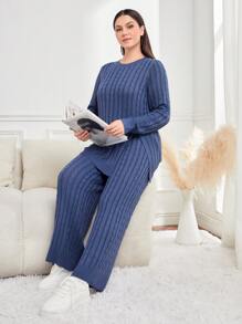 Mulvari Talla grande Jersey tejido de cable con pantalones tejidos - Azul - Ver 1