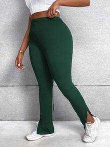 Maweii 大碼下擺開叉緊身打底褲 - 墨綠色 - 查看 7