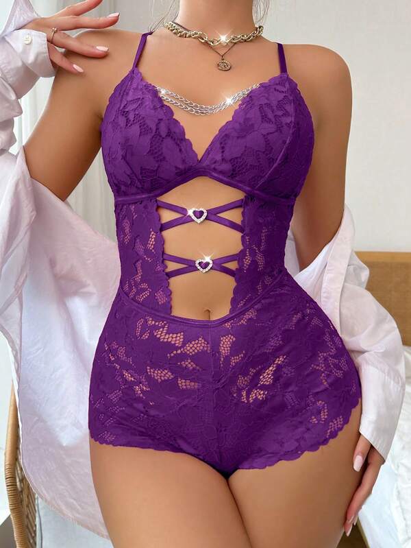 Cut Out Crisscross Front Lace Cami Romper Without Panty