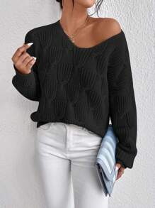 SHEIN Essnce Chất rắn Thả vai Cổ v Áo len - màu đen - Xem 3