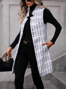 SHEIN Frenchy 格紋印花無袖外套 - 白色 - 查看 1