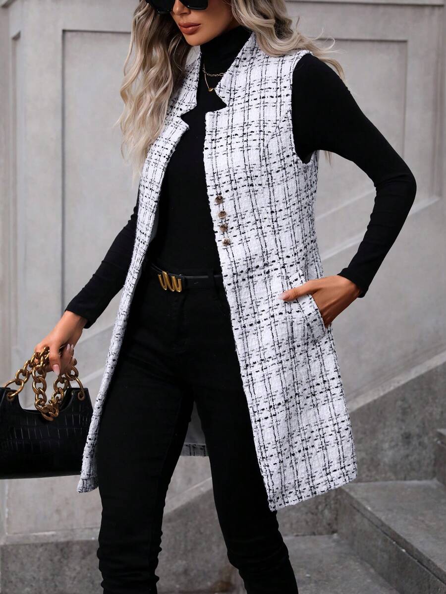 SHEIN Frenchy 格紋印花無袖外套 - 白色 - 查看 1