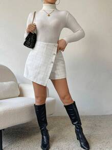 Franclia Plaid Print Button Front Tweed Skort - White - View 5