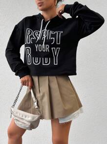 EURMUSE Letter Graphic Drop Shoulder Drawstring Hoodie - Black - View 3