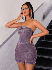 SHEIN ICON Strapless Slit Denim Dress - Purple - View 5