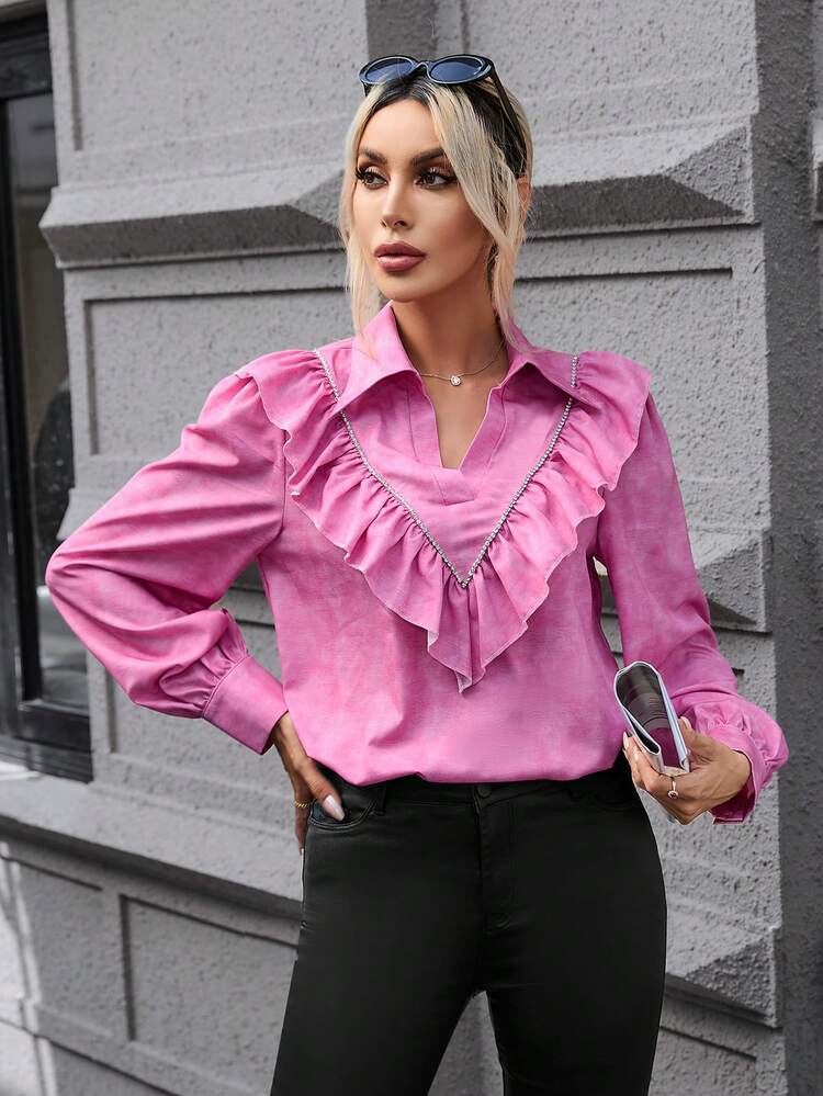 Tie Dye Ruffle Trim Lantern Sleeve Blouse