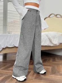 SHEIN EZwear 灰色梭織條紋寬褲女式西裝褲 - 灰色 - 查看 4