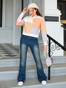 Chica adolescente Jersey de color combinado de hombros caídos - Multicolor - Ver 5