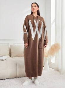 Mulvari Kích thước lớn In thư Dây rút Hoodie Đầm Áo len Với Giường đôi tiêu chuẩn Túi - Màu Khaki - Xem 1