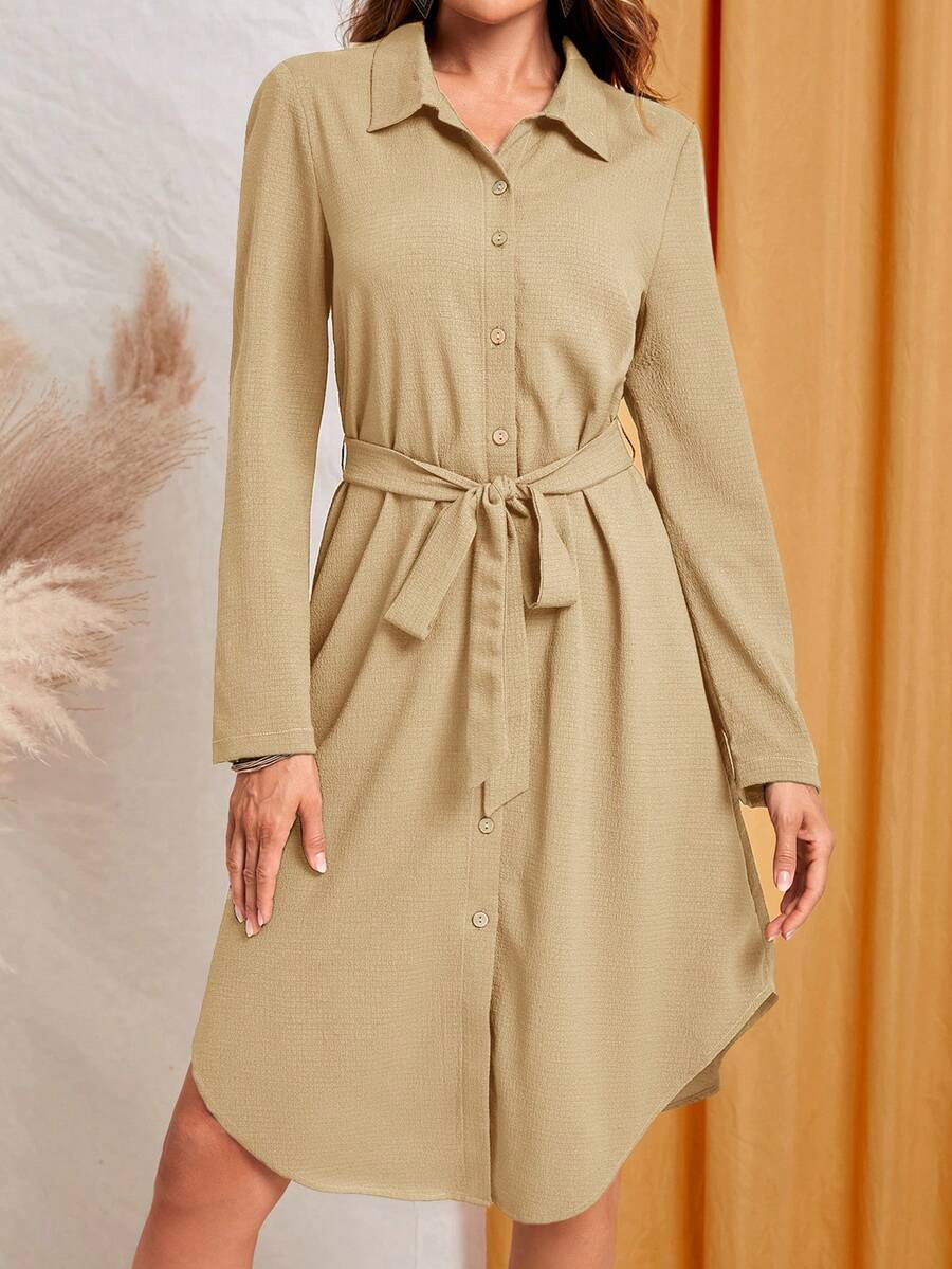 EMERY ROSE Women's Solid Color Long Sleeve Midi Dress Fall Women Dresses Work Women Dresses Navy Blue Dress - Apricot - View 1